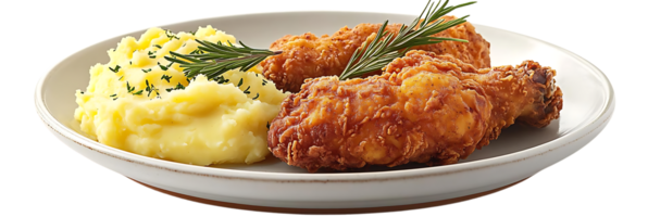 Crispy Fried Chicken with Creamy Mashed Potatoes and a Garnish of Rosemary on a Transparent Background png