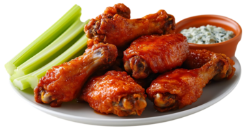 Crispy Chicken Wings with Celery Sticks and Blue Cheese Dressing, Transparent Background png