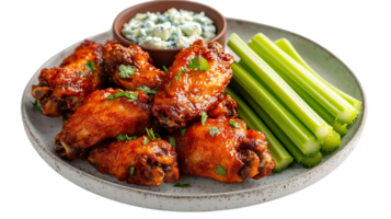 Crispy Chicken Wings with Celery Sticks and Blue Cheese Dip on a Plate with a Transparent Background png