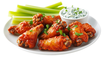 Crispy Buffalo Chicken Wings with Celery Sticks and Ranch Dressing on a White Plate with Transparent Background png