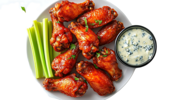 Crispy Chicken Wings with Blue Cheese Dip and Celery Sticks on a White Plate with a Transparent Background png