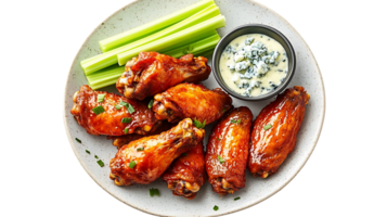 Crispy Chicken Wings Served with Celery Sticks and Creamy Blue Cheese Dip, a Classic Appetizer with a Transparent Background png