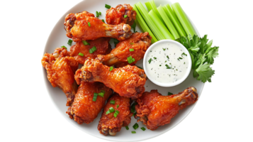Crispy Buffalo Chicken Wings Served with Celery Sticks and Ranch Dressing, A Delicious and Classic Appetizer for Any Gathering. png