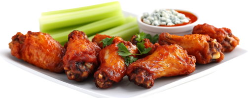Crispy Chicken Wings with Celery Sticks and Blue Cheese Dip on a Transparent Background png