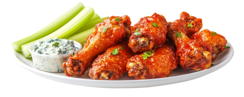 Delicious Crispy Chicken Wings with Blue Cheese Dip and Celery Sticks on a White Plate with a Transparent Background png