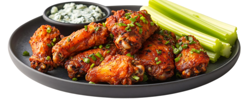 Crispy Chicken Wings Served with Celery Sticks and Creamy Blue Cheese Dip on a Black Plate with a Transparent Background png