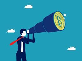 a man in a suit holding a large telescope with a bitcoin coin vector
