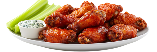 Crispy Buffalo Chicken Wings Served with Celery and Blue Cheese Dip, Perfect for a Game Day Snack,  Transparent Background png