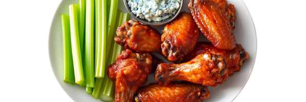 Crispy Chicken Wings with Celery Sticks and Blue Cheese Dip, Transparent Background png