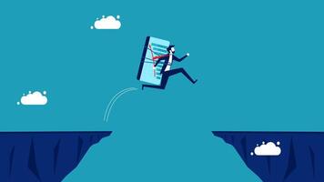 man jumping from a cliff to a phone, flat design vector