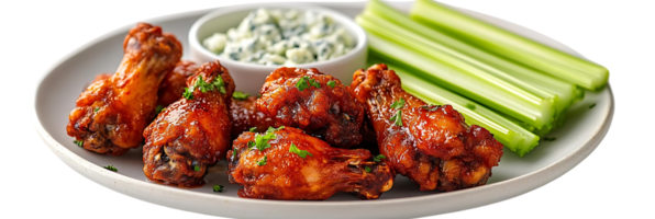 Crispy Chicken Wings with Celery Sticks and Blue Cheese Dressing, Transparent Background png