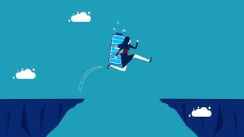 businessman jumping over the cliff with a tablet computer vector