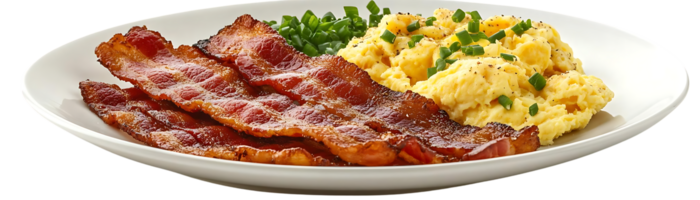 Crispy Bacon and Scrambled Eggs with Green Onions on a White Plate with a Transparent Background png
