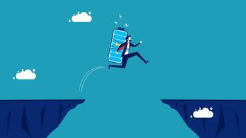 businessman jumping over the cliff with a tablet computer vector