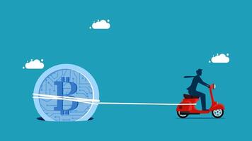 a man on a scooter pulling a bitcoin vector