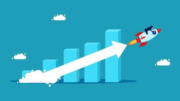 a rocket is flying over a bar chart with a growing arrow vector