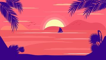 tropical beach with palm trees and sailboat vector