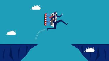 businessman jumping over the cliff to the other side of the river vector
