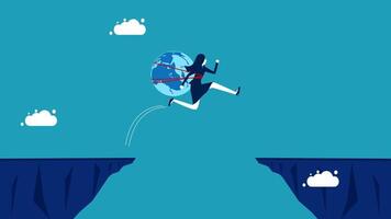 businessman jumping over the edge of a cliff with a globe on his back vector
