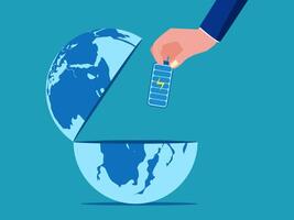 hand holding a remote control over the globe, flat design vector