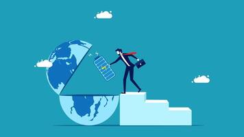 businessman with a suitcase on a ladder holding a globe vector