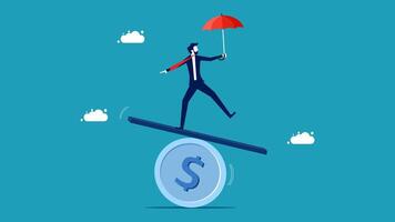 businessman balancing on coin with umbrella vector