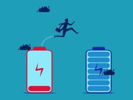 businessman jumping over two batteries with a lightning bolt vector