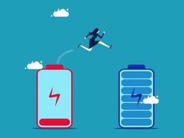 businesswoman jumping over two batteries, one with a lightning bolt and the other with a battery vector