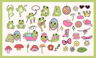Retro Frogs self love element clipart set Groovy drawing vector