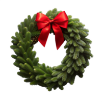 A wreath with a red ribbon and green pine needles png