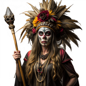 ein Frau im ein Kostüm mit ein Schädel gemalt auf ihr Gesicht und ein Feder Kopfschmuck png