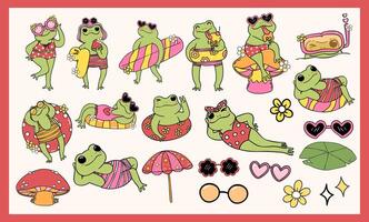 Retro Frog Summer Beach vibe element clipart set Groovy drawing vector