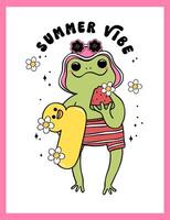 Groovy Retro Summer Frog beach with duck ring cartoon character Summer vibe vector