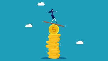 businesswoman balancing on top of stack of coins vector