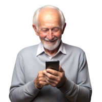 An older man is smiling while holding a cell phone png