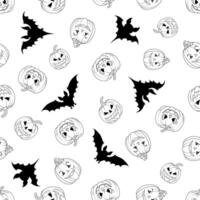 Seamless pattern with a white pumpkin and a bat silhouette on a white background vector