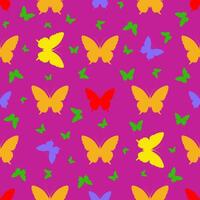 Seamless pattern with a silhouette of a multicolored butterfly on a cherry background. vector