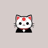 A cute cartoon cat with white face, large black eyes, and a smiling expression. The cat has a red circle on its forehead. It wears a black suit with a white pendant shaped like a star. vector