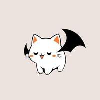 A cute cartoon cat with a white body, orange accents on its ears and cheeks, and black bat wings. The cat has a playful expression, with closed eyes and its mouth is open. vector