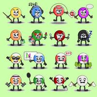 Billiard ball character with various cute expressions and activities on a green background vector