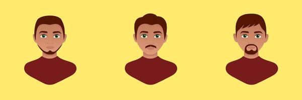 Avatar of a man. Portrait of a man with a beard and different hairstyles. Flat illustration vector