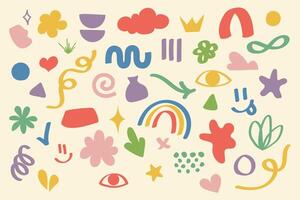 set of bold abstract objects element. hand drawn doodles. kids hand drawing. organic shapes. simple flower, cloud, line. Modern contemporary figures, various organic shapes and doodle objects vector