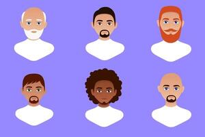 Set of human avatars. Various male face icons. Male characters. User portraits. illustration in flat cartoon style. Men of different races vector