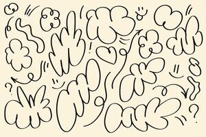 Abstract set featuring floral shapes, intricate doodles and wavy lines. Perfect for retro designs and creative projects. vector