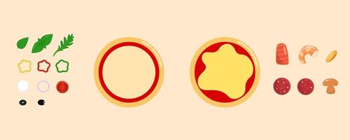 Pizza set different ingredients for self-creative. take your own pizza. Pizza base, dough, cheese, mozzarella, tomatoes vector
