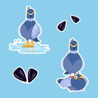 collection of funny stickers with pigeons in cartoon style vector