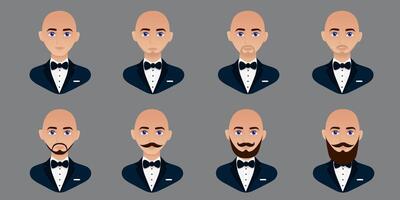 Set avatar of a bald man in a business suit with a bow tie. Collections of avatars with different beards. Beautiful male faces. vector