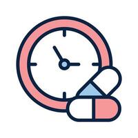 Icon representing scheduled medication time, featuring a pill and a clock vector