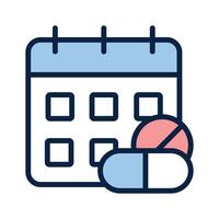 Icon representing scheduled medication time, featuring a pill and a calendar vector