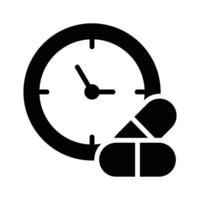 Icon representing scheduled medication time, featuring a pill and a clock vector